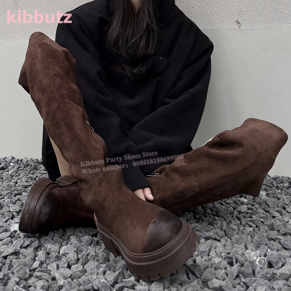 Retro Over-The-Knee Boots Round Toe Thick Sole Side Zipper Mixed Color Suede Fashion Sexy Concise Elegant Spicy Girl Shoe Newest