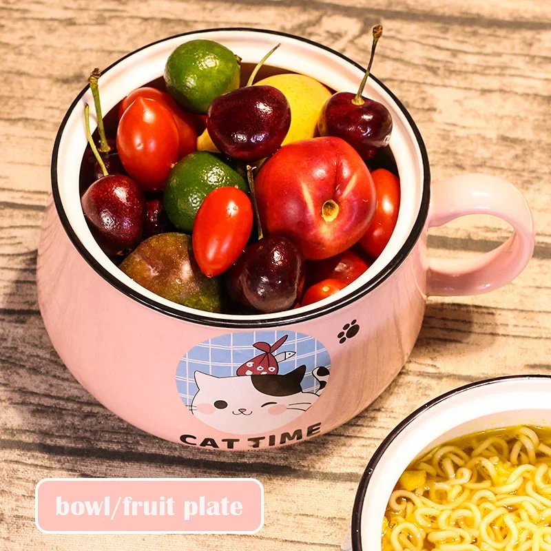 450/1020Ml Ceramic Mug with Spoon and Lid Cute Cat Tiger Pig Instant Noodle Ramen Bowl Large Capacity Kitchen Tableware Office