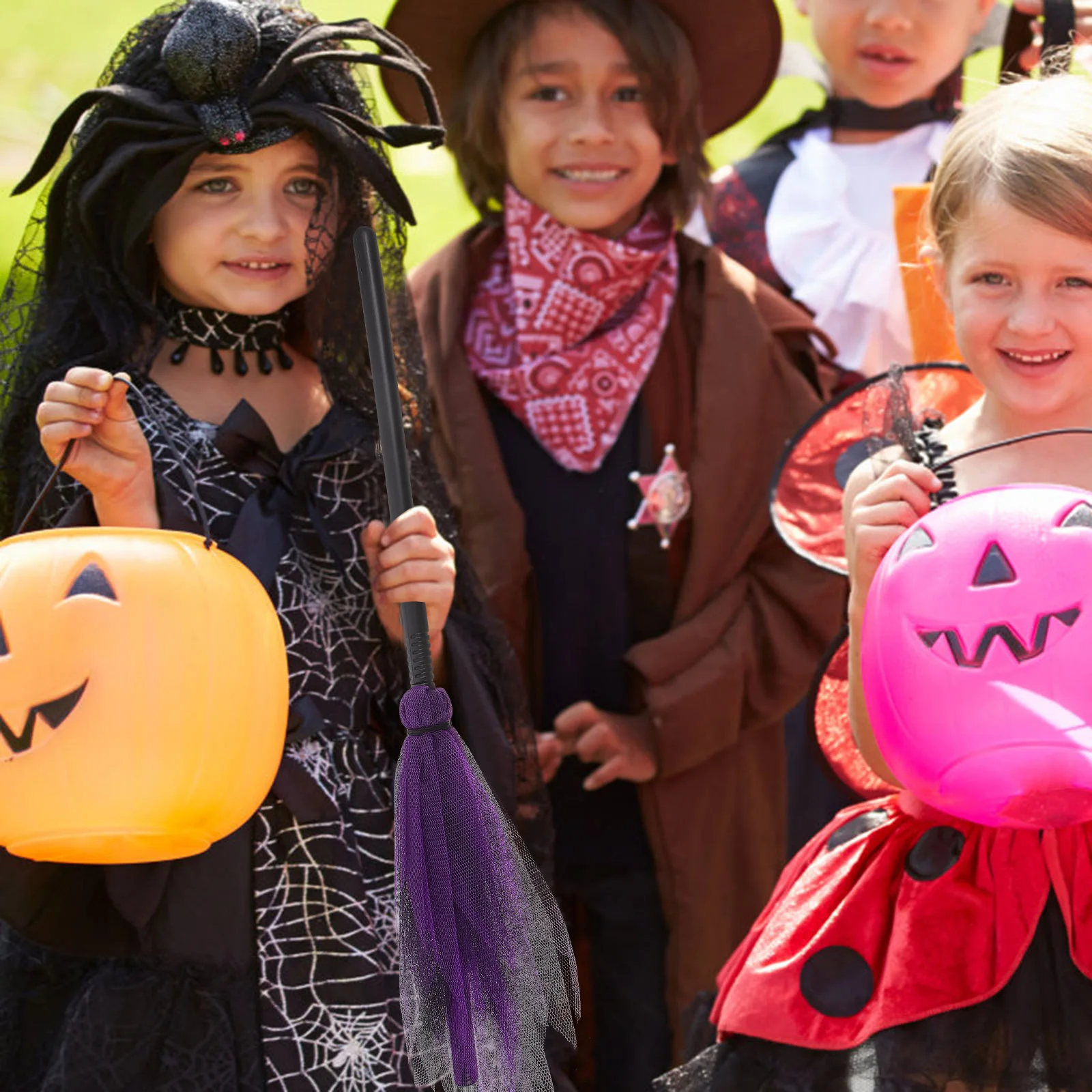 Scopa da strega in tulle netto, leggera e portatile, per feste di Halloween, decorazioni per cosplay, per bambini, donne, uomini, palette di scopa da mago