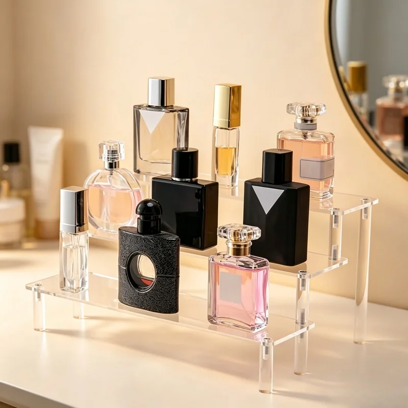 3-Tier Clear Acrylic Display Stand, Trapezoidal Storage Rack for Perfume, Dolls, Blind Boxes & Cupcakes