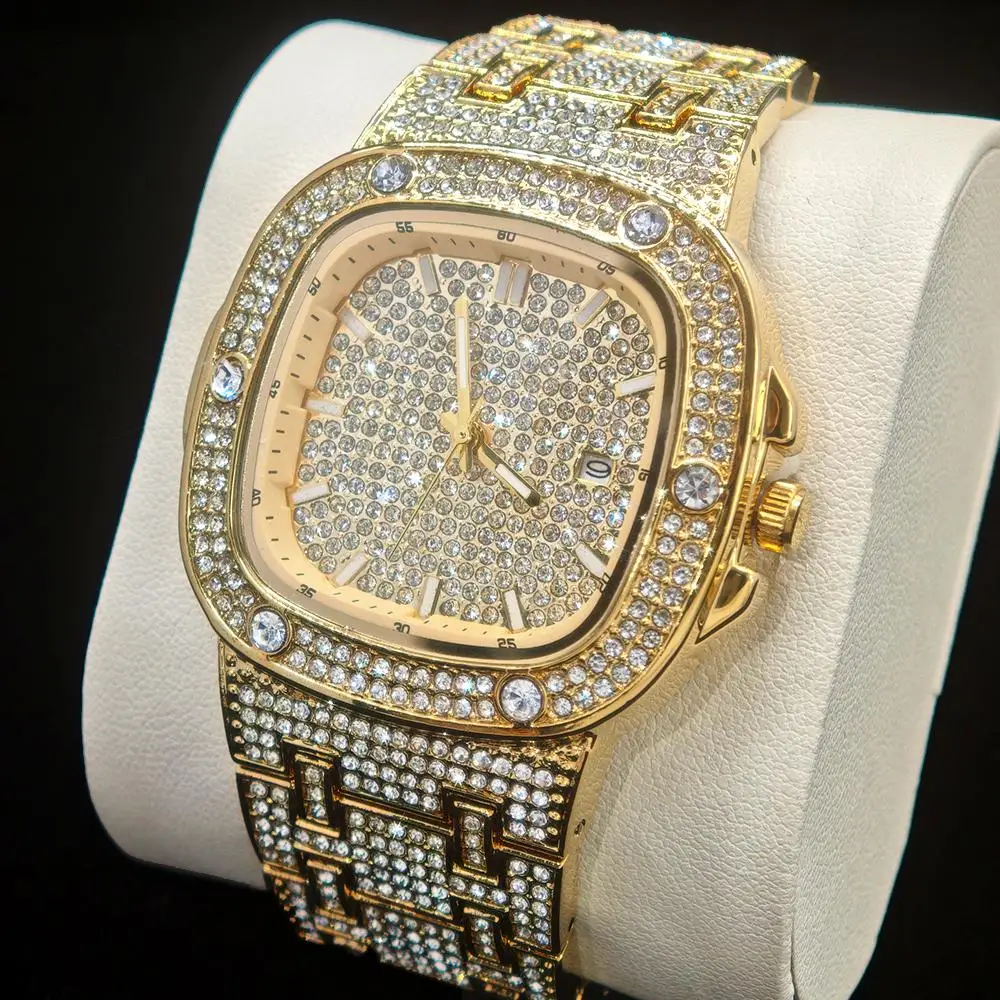 Męski zegarek na rękę 2025 Nowa Moda Lodowy Luksusowy Stal Nierdzewna Złoty Kwarcowy Zegar Męski Hip Hop Diamentowy Bling Prezent Dropshipping