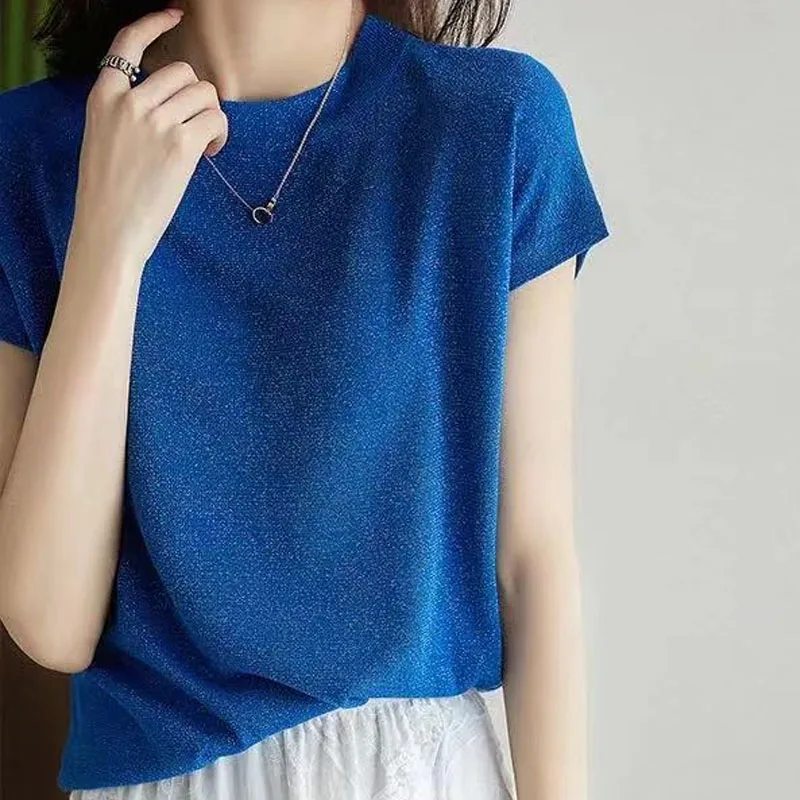 Knitting Knitted Fabric Shirts Female 2022 New Summer Spliced Pullover Ladies Tops and Blouses Women Clothing Blusas Solid 1637