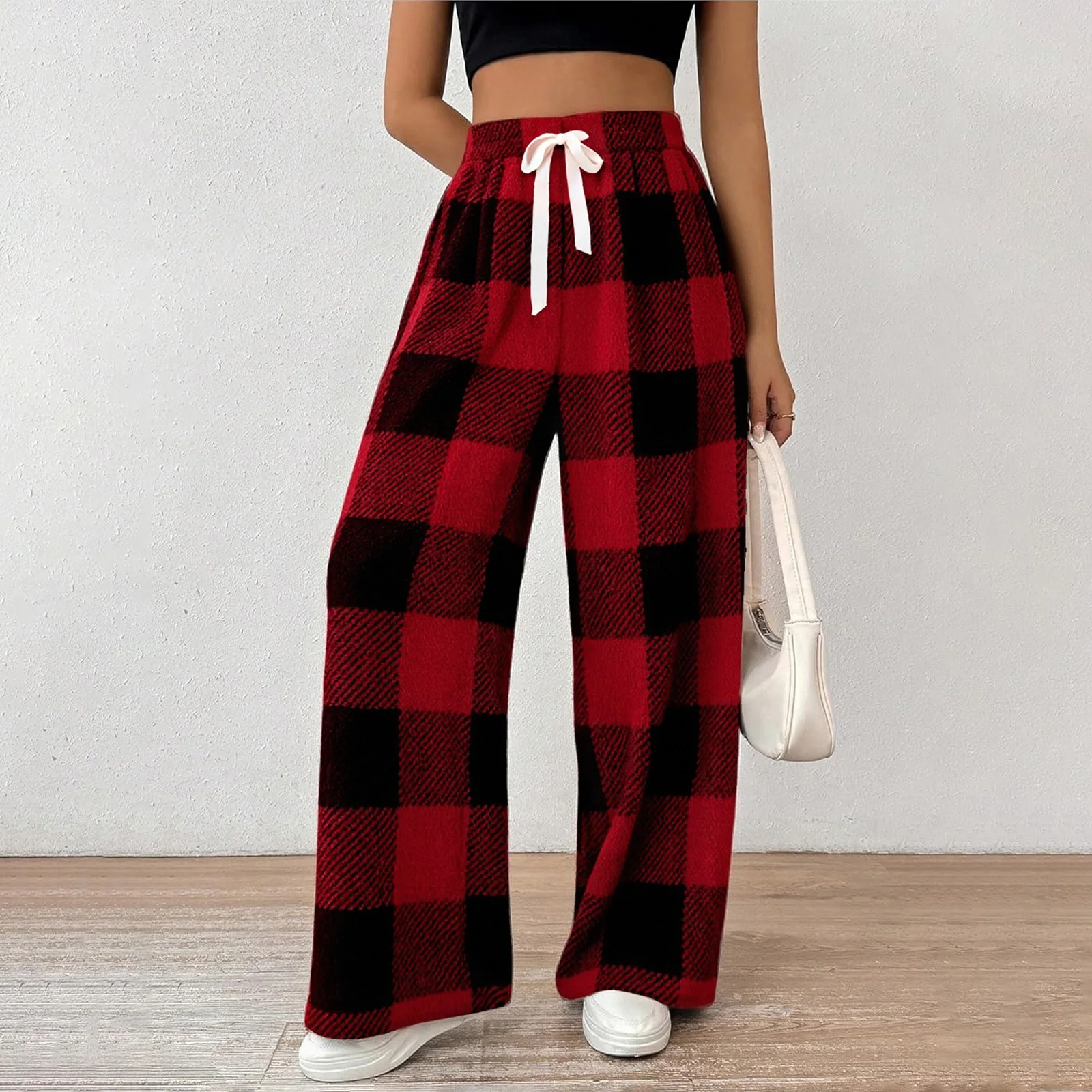 

HEZIOWYUN женские зимние длинные брюки в клетку с эластичным шнурком на талии, повседневные свободные теплые широкие рождественские брюки для дома