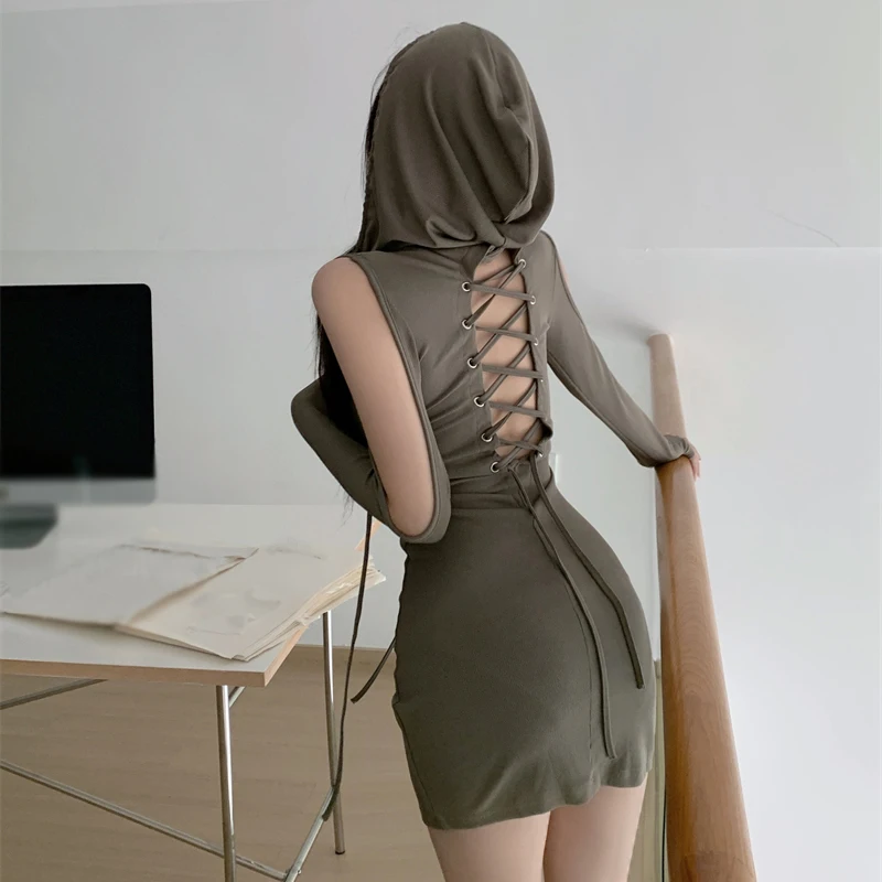 Solid Colour Spring Autumn Fashion Hooded Dress Long Sleeves Women's Casual Dress