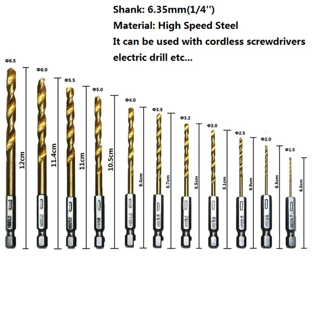 13 buah Set mata bor putar 1.5-6.5mm, dilapisi Titanium HSS Gun 1/4 "pisau diasah s pemotong lubang pertukangan