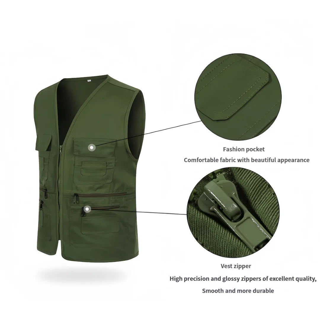 2025 Men's Solid Color Breathable Fishing Photography Multi-Pocket Vest Outdoor Tactical Mountaineering Sports Sleeveless Jacket
