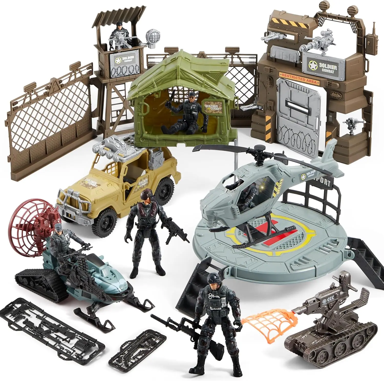 JOYFY Militaire speelgoedset met legerbasis, voertuigen Actiefiguren Wapenaccessoires Helikopter voor kinderen Kerstverjaardagscadeau