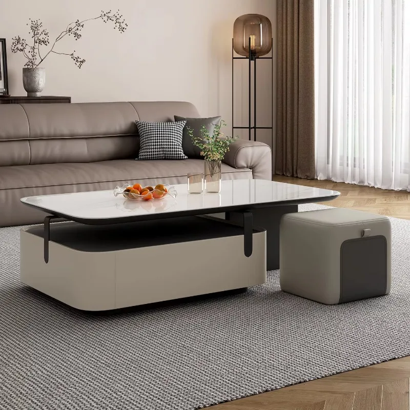 Modern minimalist style retractable wooden coffee table, stone desktop, hidden storage drawer, matching stool, environmentally