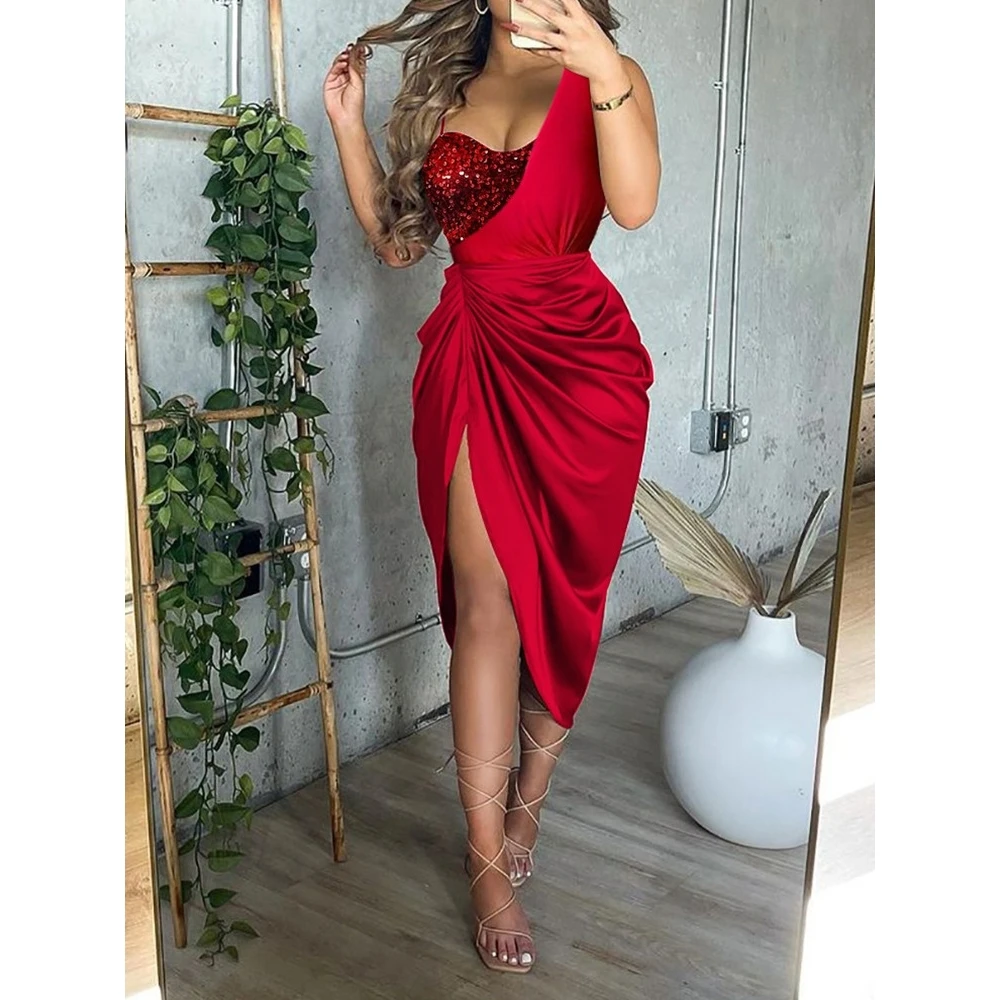 

Sexy Glitter Gown Asymmetrical Color Blo Long Evening Dr Slit Single oulder Sequin Split mid Waist Cotton Hanmaa Blend