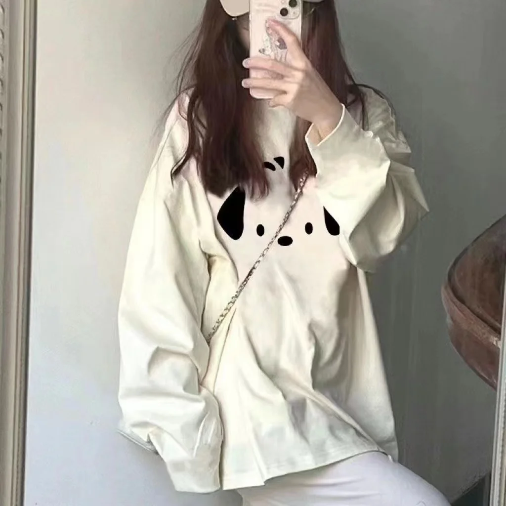 เสื้อยืดแขนยาวผู้หญิงคาวาอิสไตล์ญี่ปุ่นเสื้อผ้าฝ้ายรัฟเฟิลเฮ็มสลิมฟิตผ่อนคลายพอดีเย็บปะติดปะต่อลูกไม้ฤดูใบไม้ร่วงทุกวัน