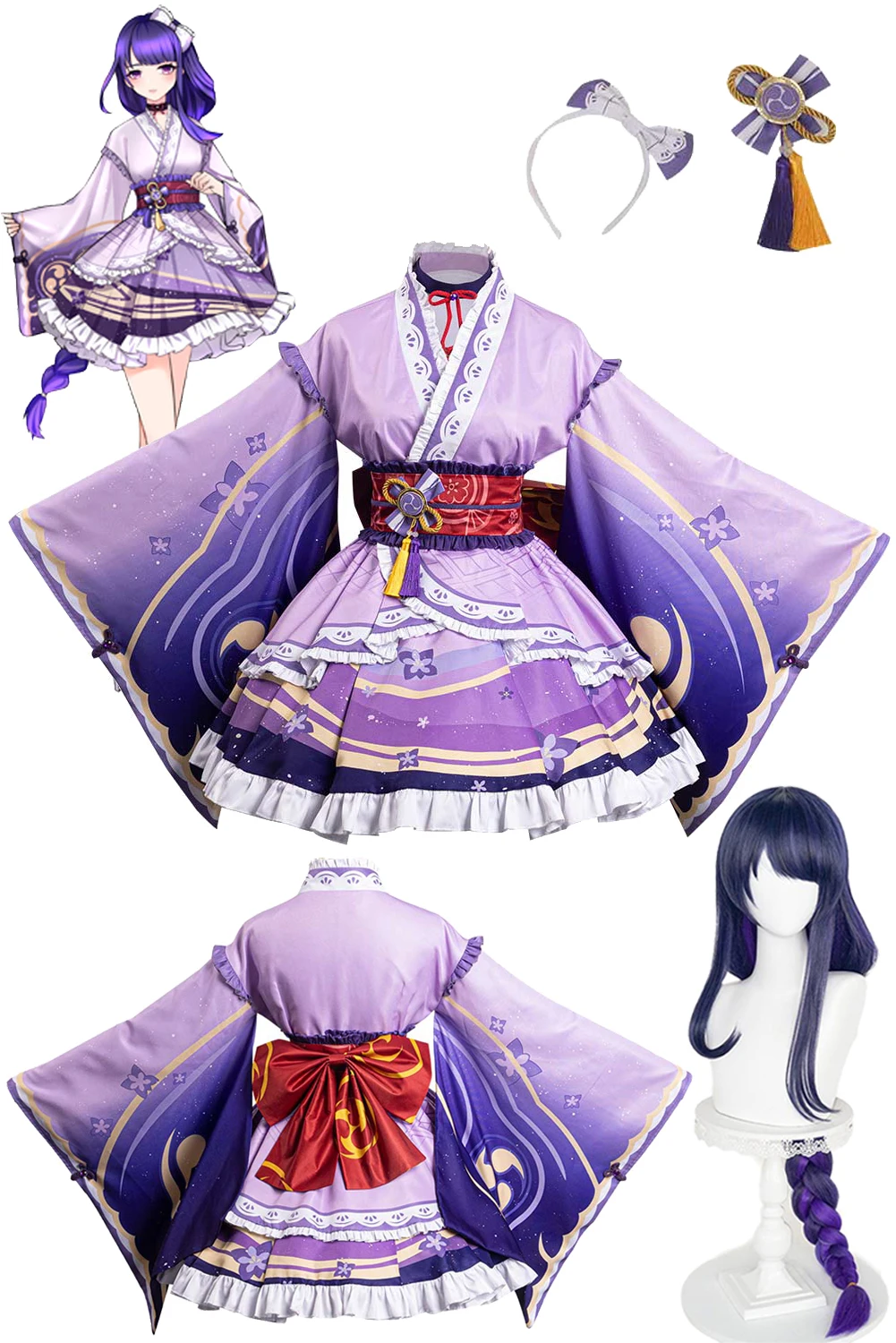 Fantasy Lolita Raiden Shogun Cosplay Pruiken Kostuum Anime Game Genshin Impact Fantasia Halloween Carnaval Party Doek Vermomming