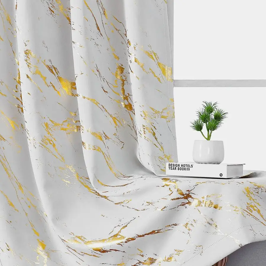 

100 Blackout White and Gold Marble Curtains for Bedroom Living Room 84 Inches Long, Metallic Gold Patterned Curtain Modern Abstr