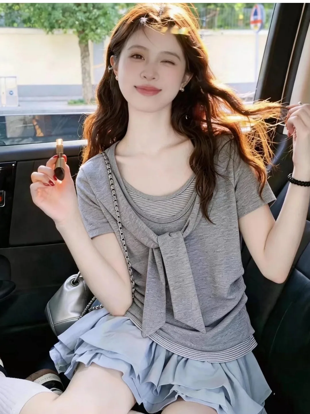

Korean Style Striped Fake Two-Piece T-Shirt Women's Summer New Knot Shoulder Short Sleeve Top Skin-friendly Breathable