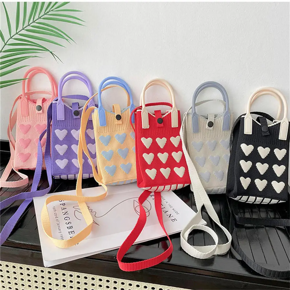 Cute Knitted Mobile Phone Bag Fashion Love Heart Sweet Mini Tote Woven Casual Handbag Simple Shoulder Bag Coin Purse for Women