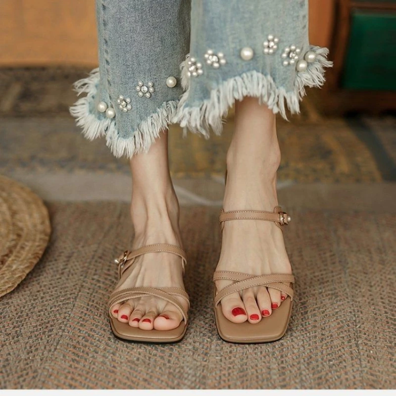 2024 Women S Sandals PU Leather Open Toe Ladies Beach Shoes Summer Sexy Buckle Strap Flip Women\'s