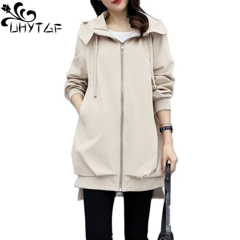 

UHYTGF Spring Autumn Trench Coat Women's Fashion Hooded Zipper Raincoat Windbreaker Female Korean Large Size Jacket Ladies 2292