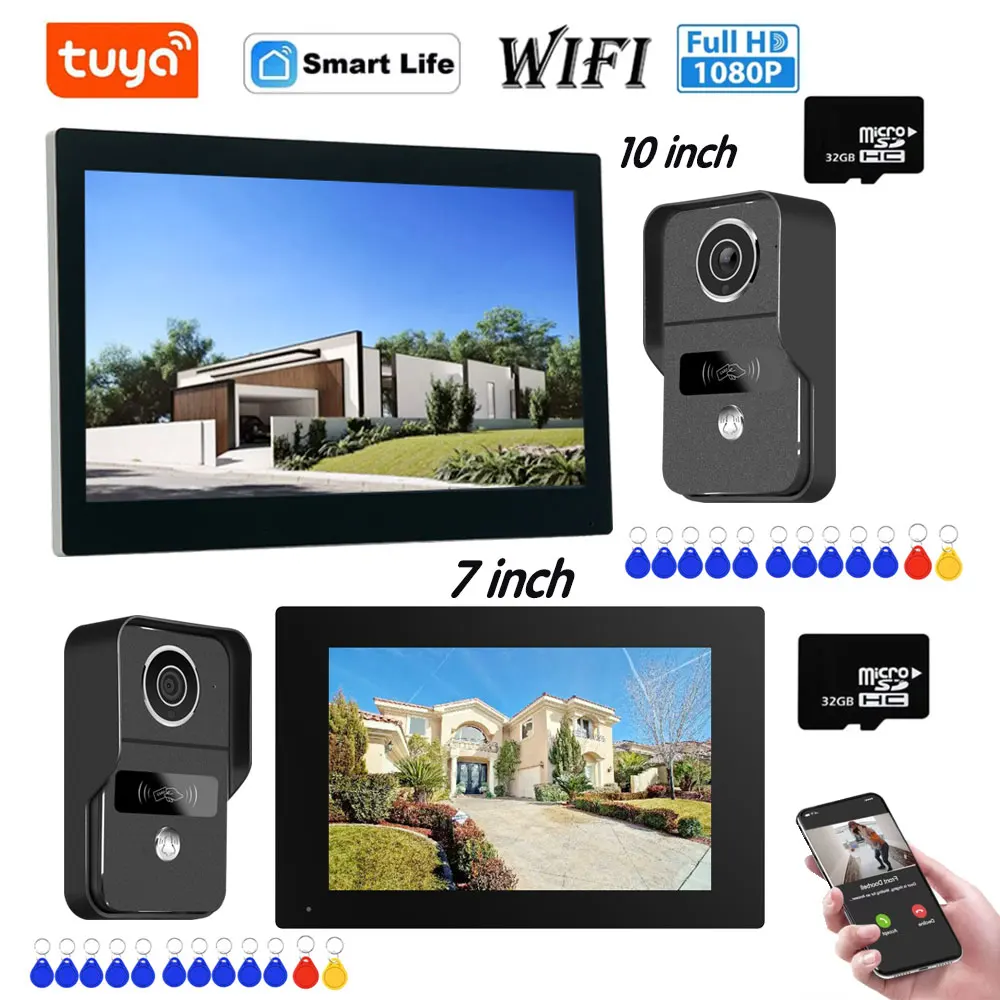 Wifi TUYA 1080P 7/10 inch Touch Screen Video Intercom Access Control Video Doorbell System Doorphone Door RFID Unlock Camera