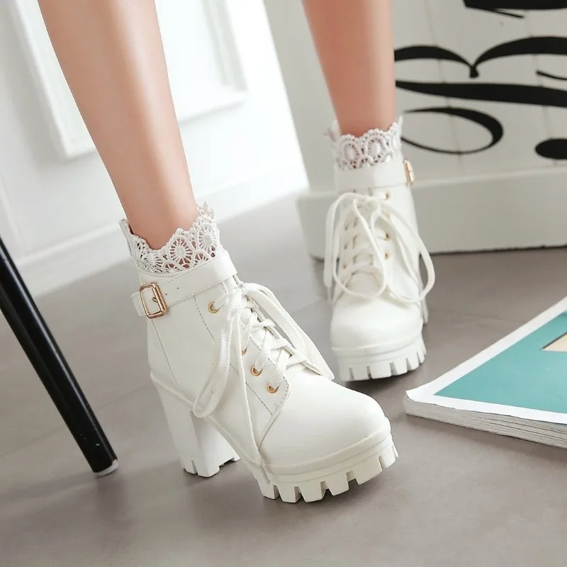 

High Quality Women's Lace Block Platform Short Boots Fashion Outdoor Lace Up Women's Comfy High Heels Ankle Boots Botas Mujer