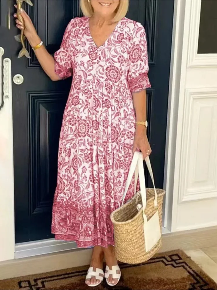 

Casual Fashion Floral Print Boho Midi Dresses For Women 2023 Summer Sexy V-neck Short Sleeve Loose Beach Party Dress Femme