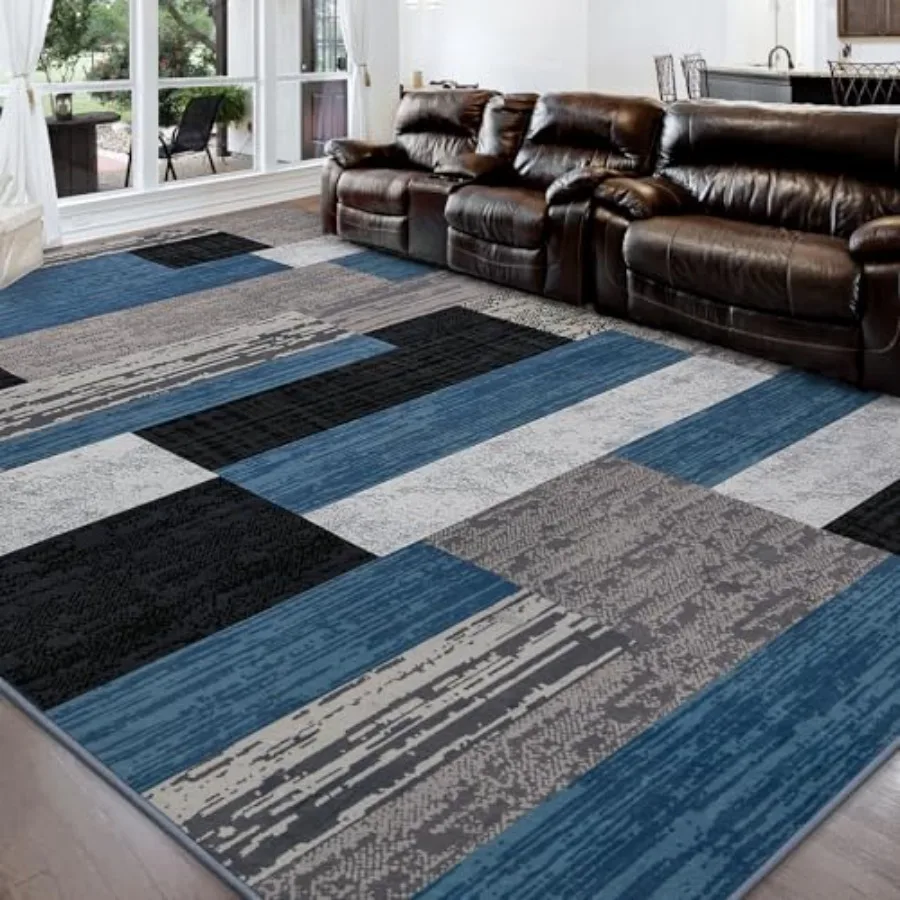 

Modern Geometric Patchwork Area Rug 9x12 Blue Large Rugs for Living Room Rockwood Collection Indoor Rugs for Bedroom Throw Carp