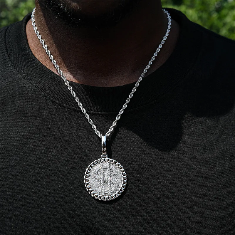 D&Z Luxury Dollor Round Medallions Pendant Necklace For Men Iced Out  AAA CZ Stone Hip Hop Gold Silver Color Charm Jewelry Gift