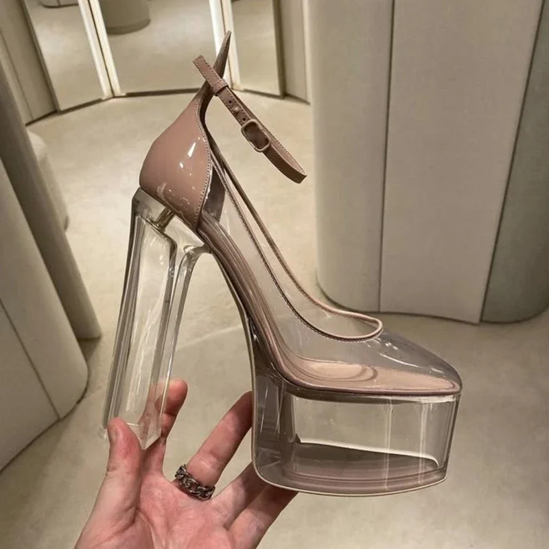 Crystal Transparent Heel Platform Buckles Strap Pumps Woman Summer 2026 Brown Round Toe Thick Heel Sandals Shoes for Women view 2