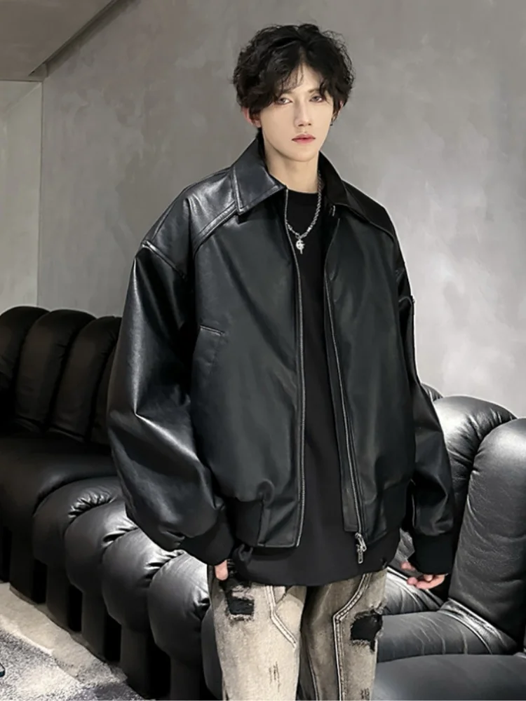 

Bla PU Leather Jaet Men's Spring Autumn Sle Retro American Motorcycle Clothes Youth Collar up irt Faionable Outerwear