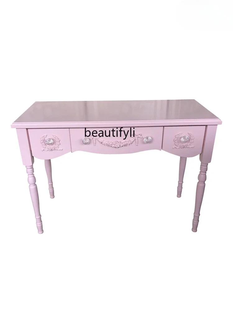 

Carved Solid Wood Princess Makeup Table French Dresser Korean Style Dressing Table Girl Heart Bow Makeup Table