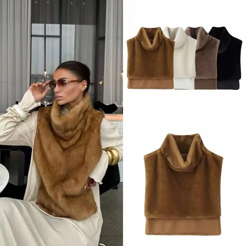 Autumn and Winter Fashion New Women's Wear: European and American Style, Versatile High-neck Sleeveless Waistcoat Faux Fur Shawl