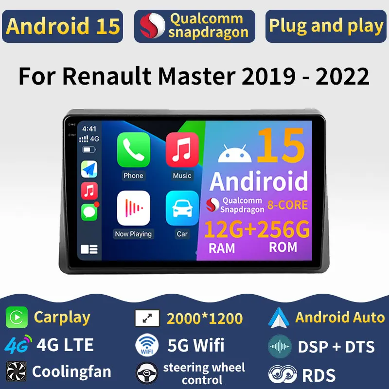 Car Radio Android 15 For Renault Master 2019 - 2022 GPS Multimedia Player Navi Video DSP Head Unit RDS Stereo Auido BT WIFI QLED