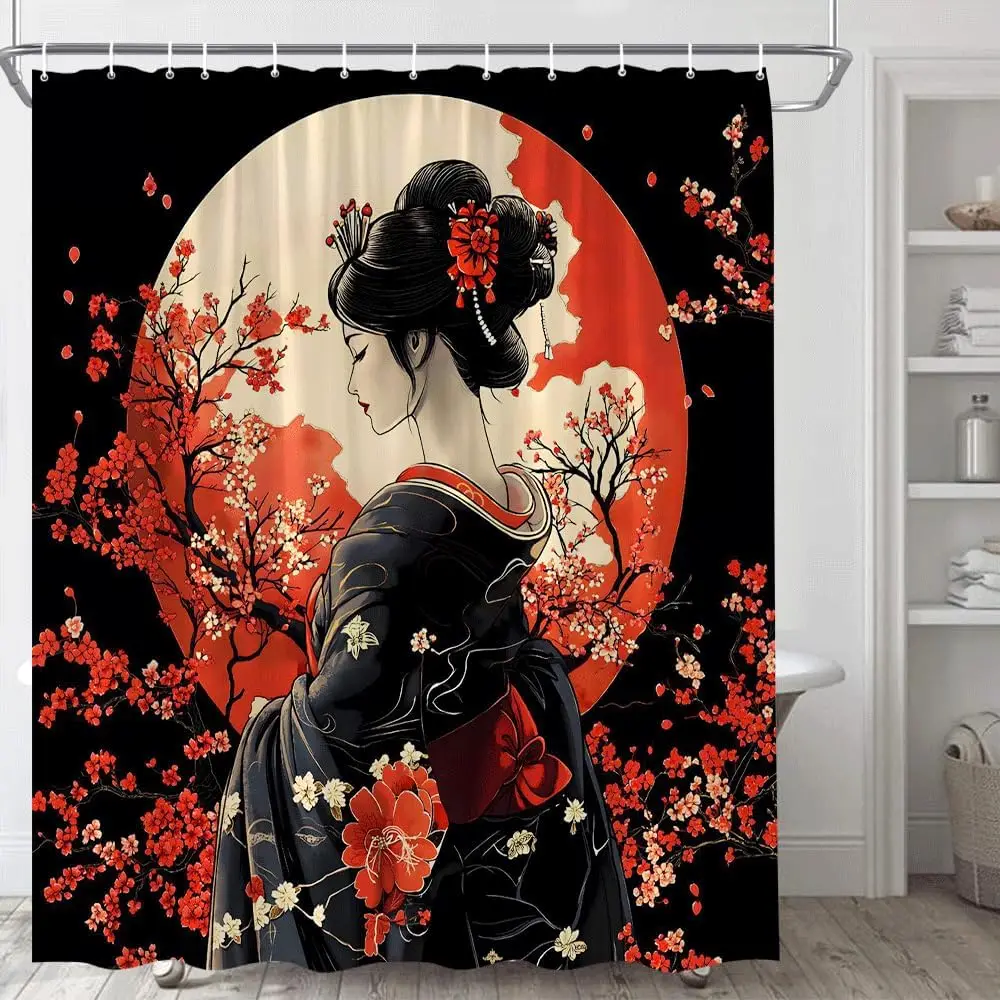 

Japanese Geisha Shower Curtain Asian Red Cherry Blossoms Floral Full Moon Sun Oriental Woman Traditional Japan Girl Spring