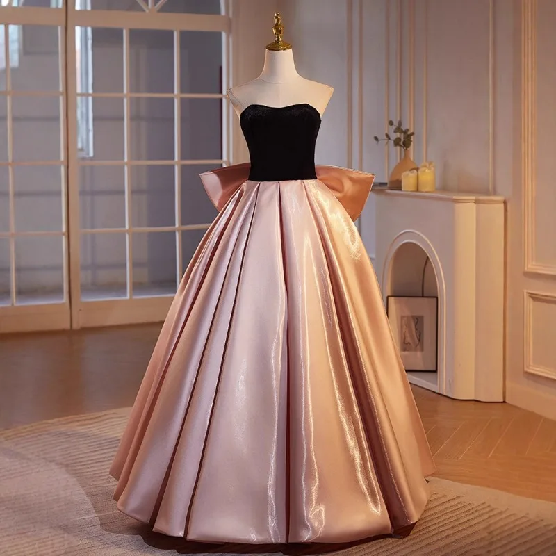 

2026 Новое женское атласное розовое вечернее платье без бретелек, модное банкетное легкое роскошное пышное платье, элегантное легкое свадебное платье