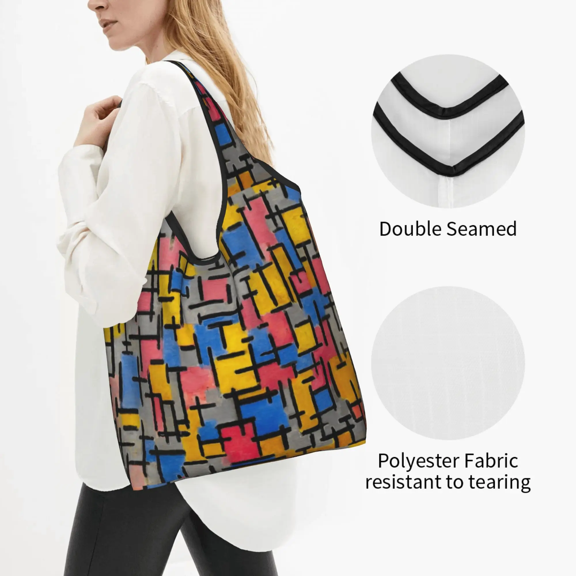 Custom Composition By Piet Mondrian Shopping Bags Women Portable Big Capacity Groceries De Stijl Abstract Art Tote Shopper Bags