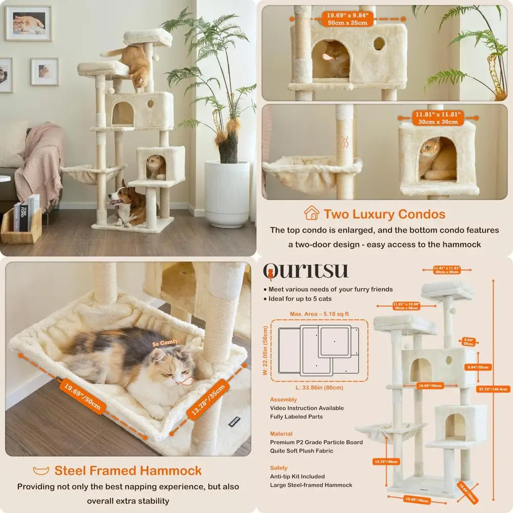 

Large Indoor Cat Tower 57 Inches with 2 Top Perches, 1 Widened, 2 Condos, 1 Enlarged, Steel Frame, Ideal for Large Cats