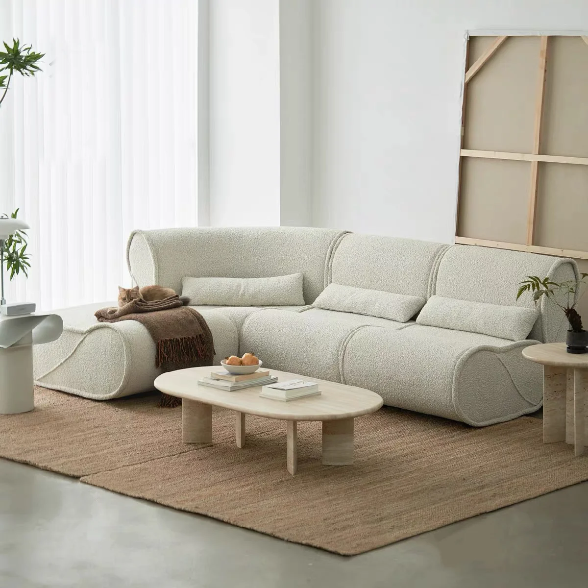 

&c Module Sofa Cream White Color for the Living Room Apartment, Three-seater Fabric Sofa