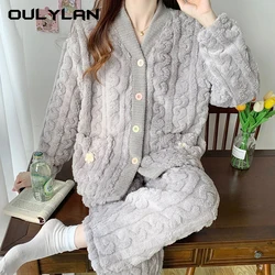 Winter Thicken Velvet Pajamas for Women Simple Warm Button Design Cardigan Girls Casual Outerwear Home Clothes Pants Set