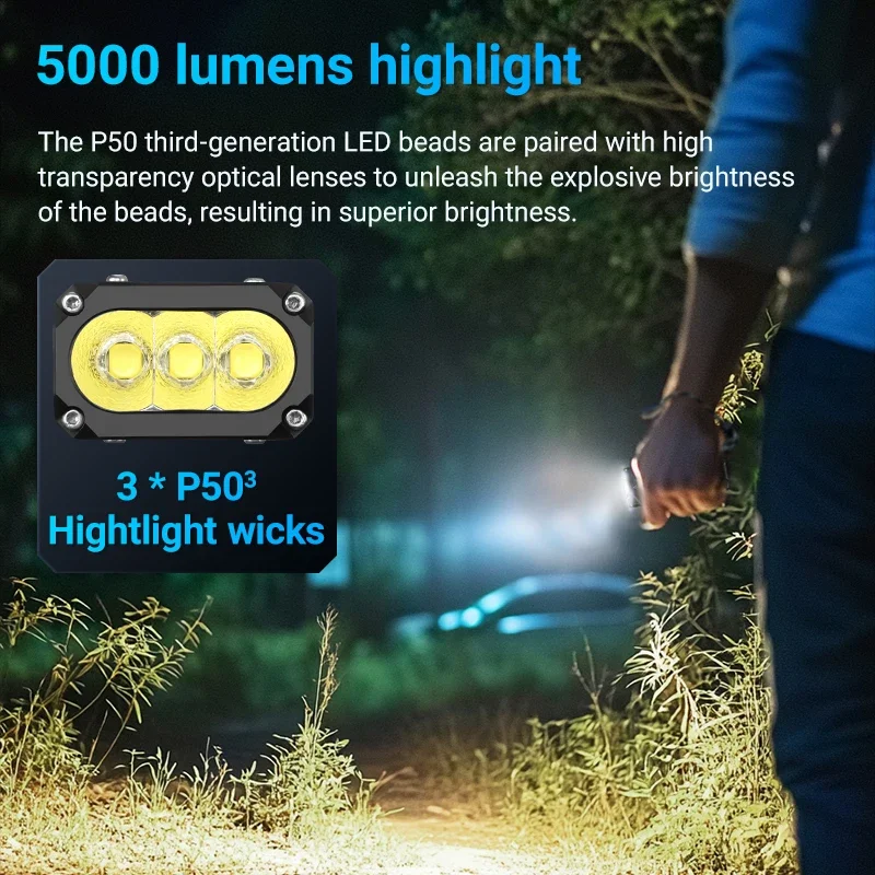 YEMAO F333X 5000 Lumens Tactical Flashlight - Triple P50 LEDs, Magnetic Base, Power Display & Durable Aluminum EDC Torch