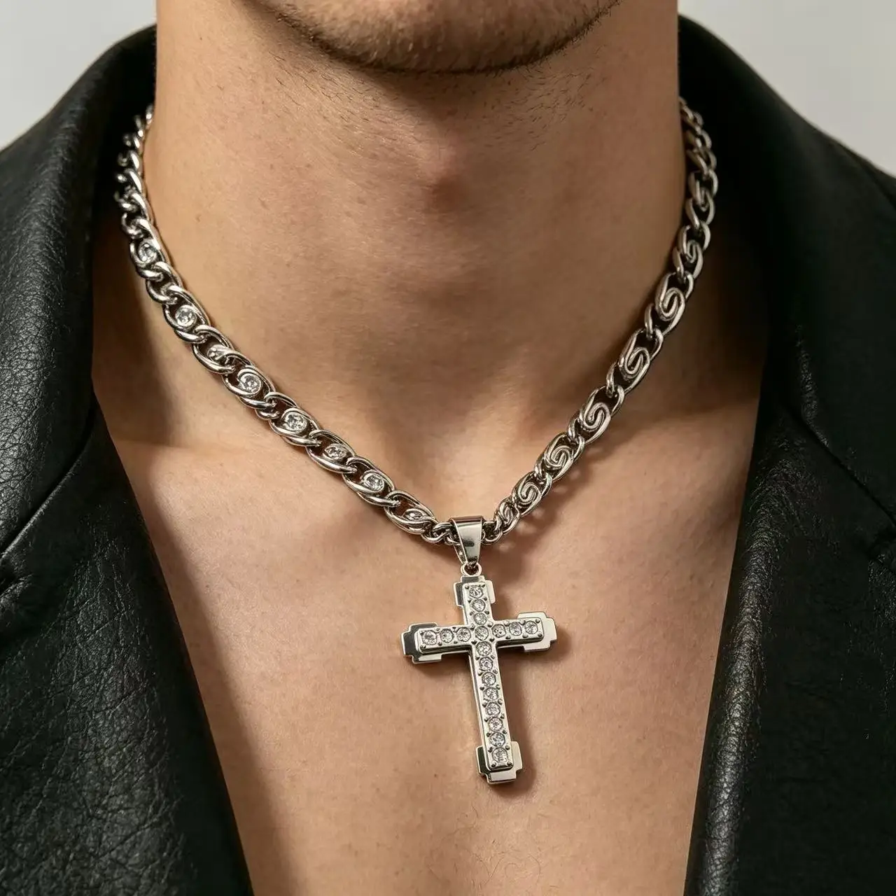 HNSP 316L Stainless Steel Cross Chain Necklace Pendant For Men Luxury Zircon Jewelry Accessories Male