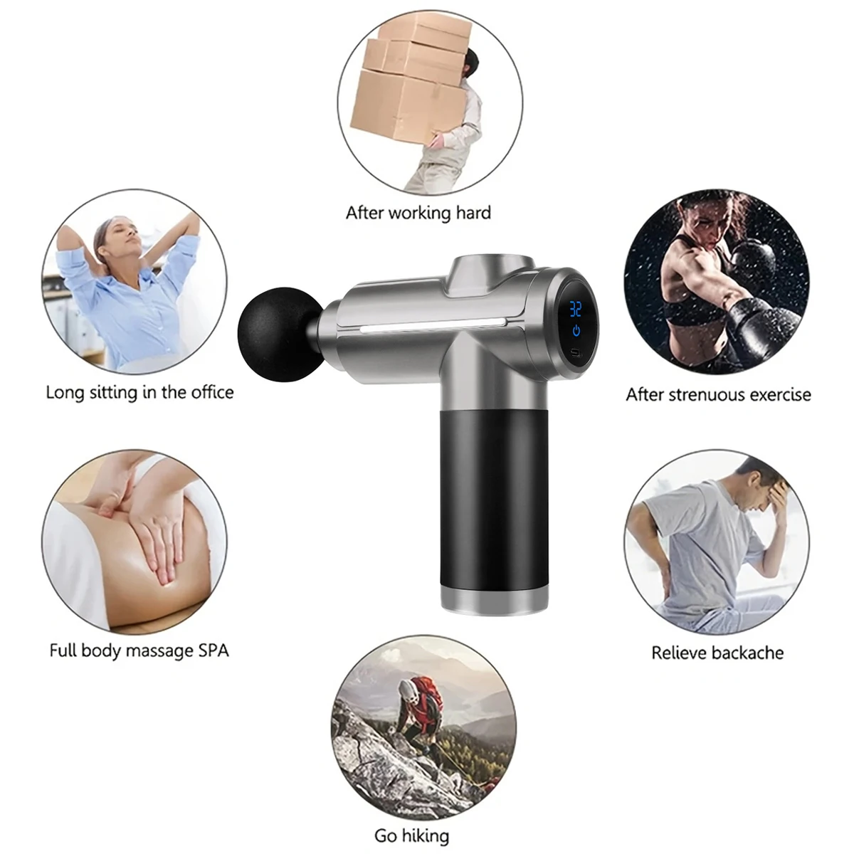 مسدس تدليك احترافي لتخفيف العضلات العميقة مع 32 سرعات و8 رؤوس تدليك قابلة للتبديل شاشة LCD لتخفيف آلام العضلات