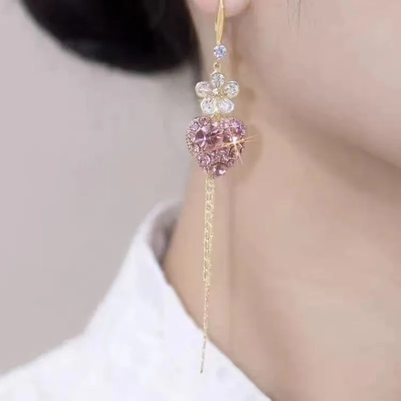 New Flower Pink Zircon Love Tassel Earrings for Women Personalized Fashionable Daily Accessories Party Jewelry Birthday Gifts