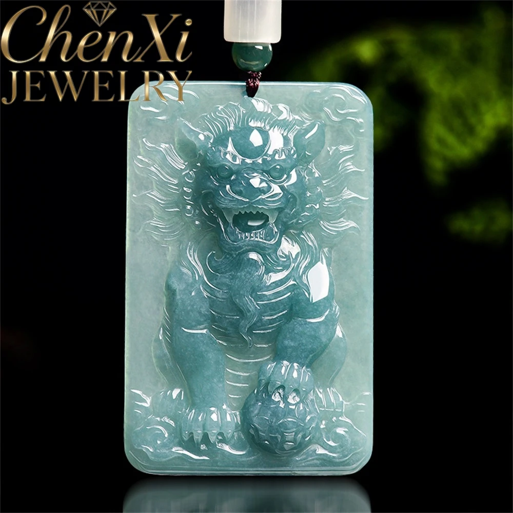 

Natural Genuine Blue Water Jadeite Lion Auspicious Pendant Luxury Quality Fashion Jewelry Exquisite Elegant Popular Charms Gift