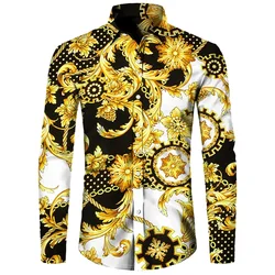 2024 New Luxury Golden Flower Chain 3D Print Men Long Sleeve Shirt Casual Mens Designer Clothing Streetwear Lapel Button Shirts