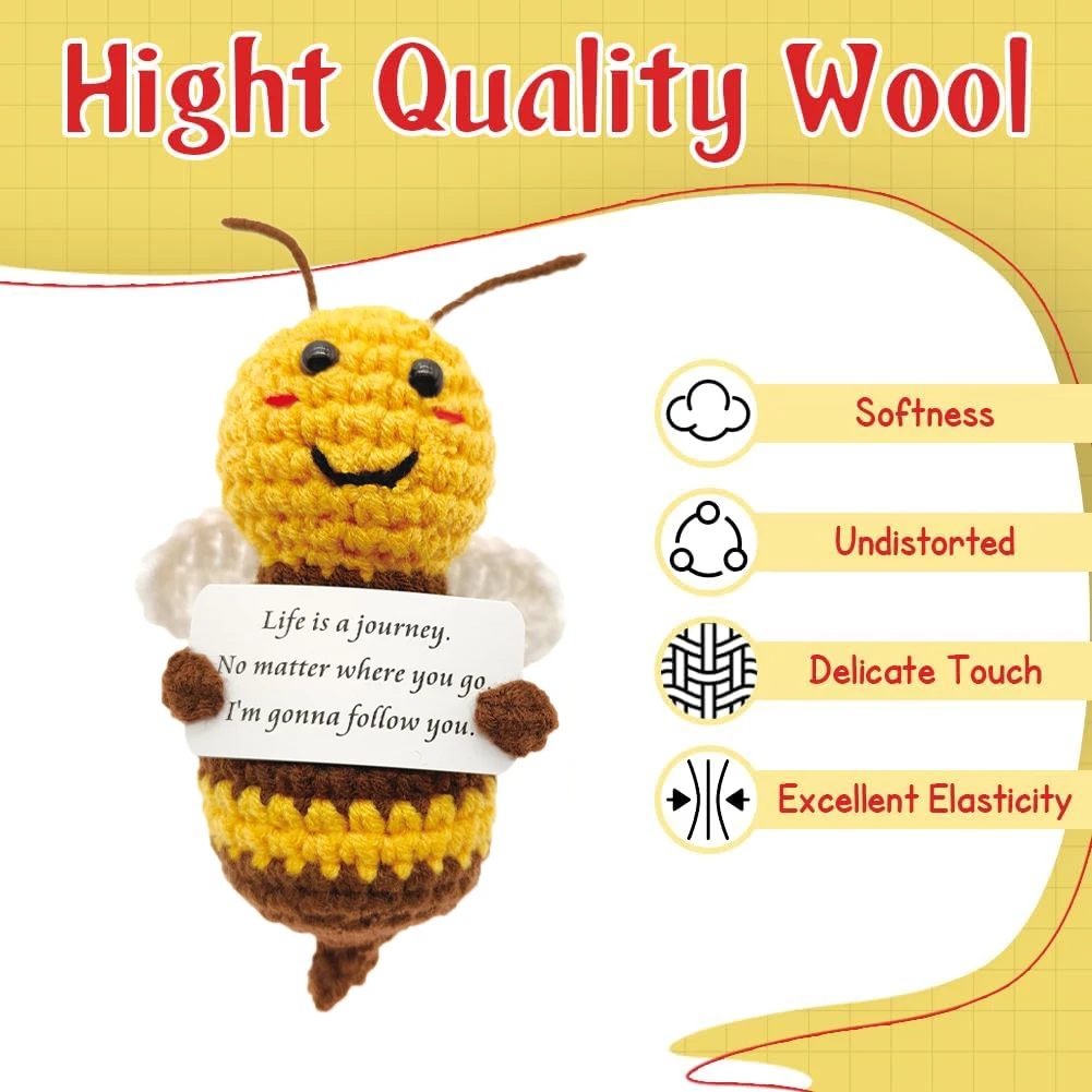 Funny Mini Positive Bee, Cute Crochet Decorative Ornament with Positive Card, Soft Knitted Decorative Gift, Christmas Stocking Stuffer Gift