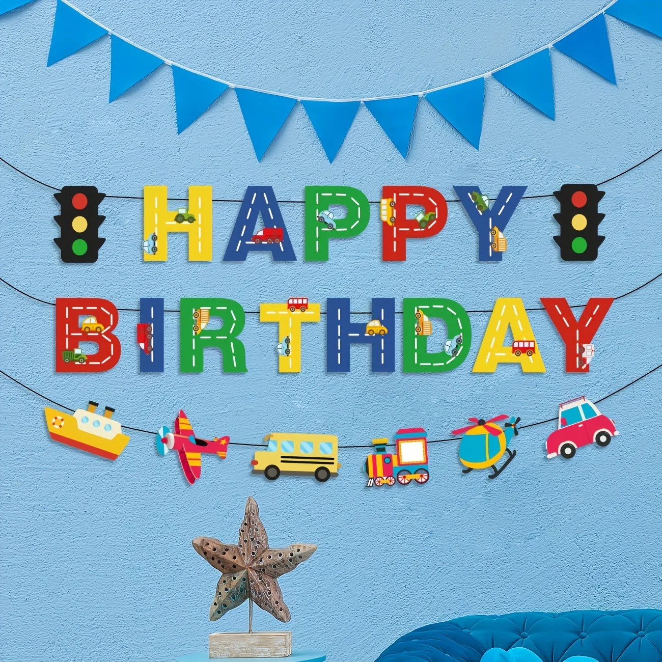 Transport Alles Gute zum Geburtstag Banner Geburtstag Party Dekorationen Auto Bus Zug Schiff Hubschrauber Ampel Foto Requisiten für Kinder – Detail 3