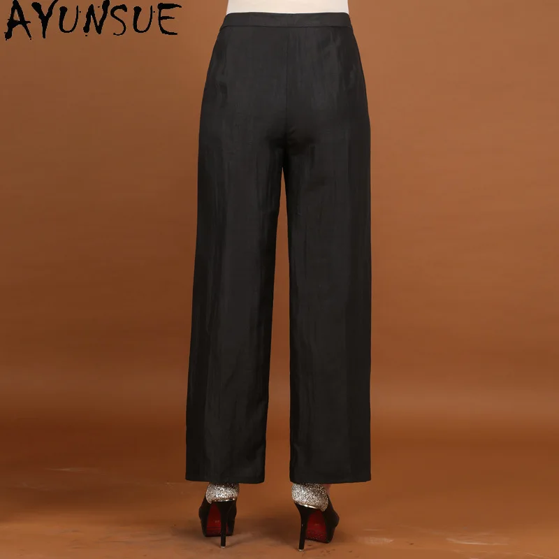 AYUNSUE-pantalones de seda de morera para mujer, pantalón negro informal, hasta el tobillo, 100%