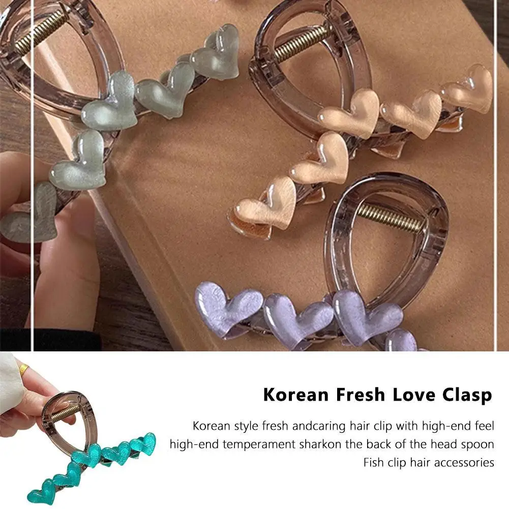 여성용 한국 스위트 반투명 하트 헤어 클로, 우아한 2024, 새로운 머리띠, 패션 상어 클립, 머리핀, 헤어 액세서리
