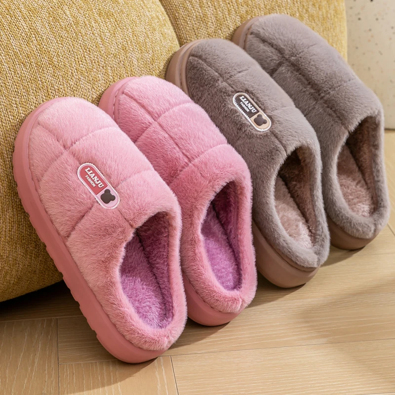 New Couple Extra Large Size Winter Warm Fluffy Slippers Soft Sole Non-slip Slides Women Men Indoor Floor Flat Home Cotton Shoes