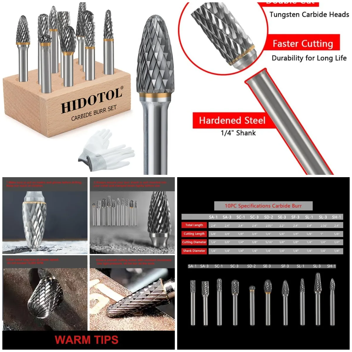 

1/4' Shank Carbide Burr Set 10PC Tungsten Double Cut for Metal & Wood Carving, Grinding, Polishing, Engraving, Drilling – in Woo