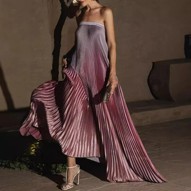 

2026 Summer New Fashion European American Women's Dresses Gradient Color Strapless Dress Pleated Sleeveless Irregular Long Dress
