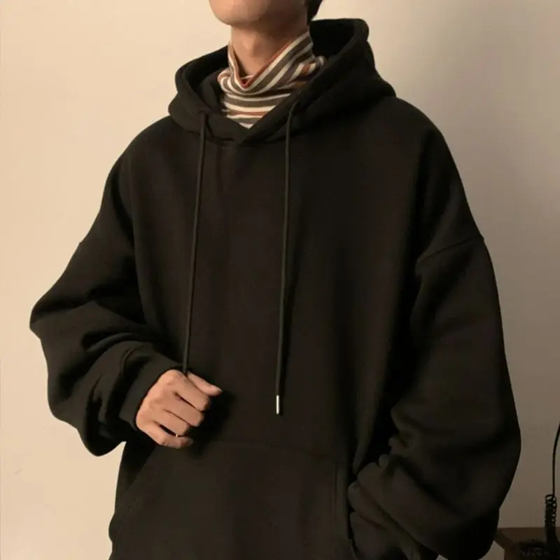 

Korean Hooded Sweater Men's Autumn and Winter Padded and Thickened with Solid Color Casual Loose Jacket Clothes Female